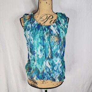 CHA CHA VENTE Size Small Blue Watercolor Sleeveless Pleated Career Casual Blouse